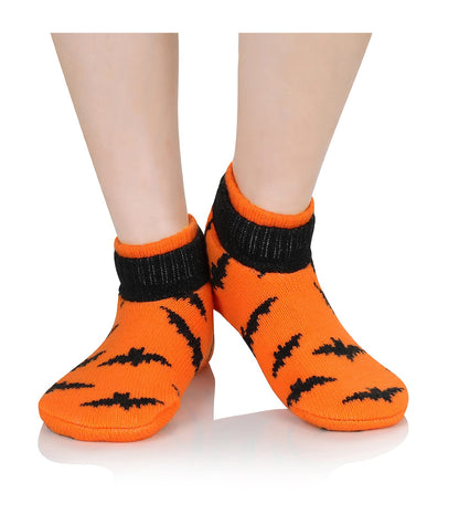 Slipper Socks for Women Halloween Warm Winter Knit Grippy Socks Athletic Non Slip Socks Orange Bat