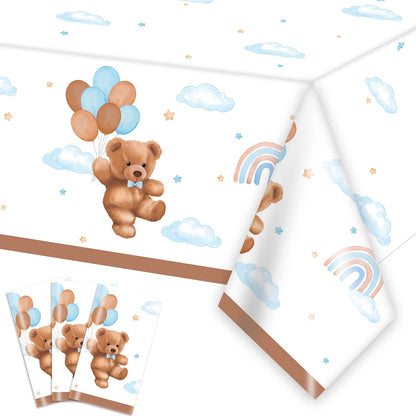 Caisehabu 3 Pieces Teddy Bear Baby Shower Tablecloths Plastic Table Cover, Boho Brown Blue Birthday Party Decorations Supplies for Boys Kids Large Size 108×54 Inch Rectangular