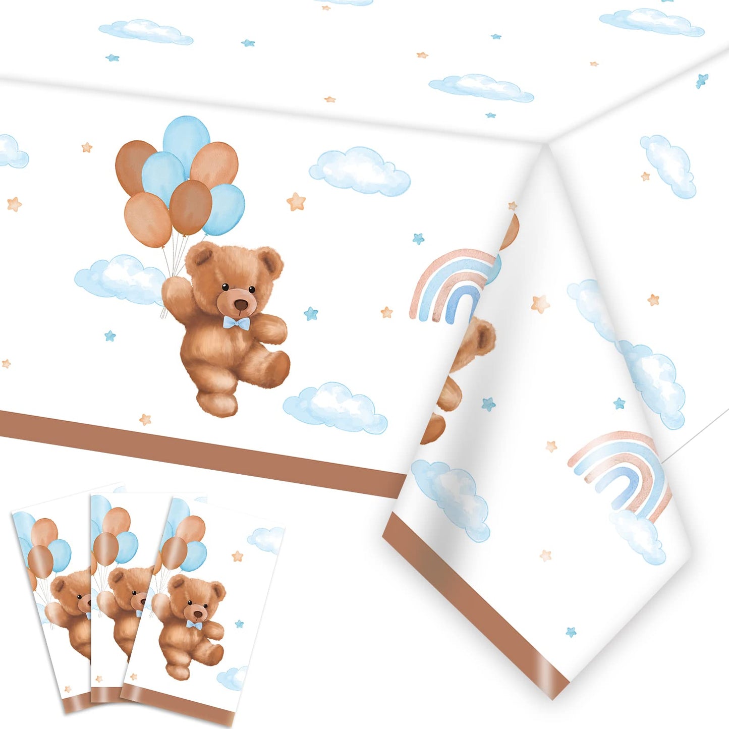 Caisehabu 3 Pieces Teddy Bear Baby Shower Tablecloths Plastic Table Cover, Boho Brown Blue Birthday Party Decorations Supplies for Boys Kids Large Size 108×54 Inch Rectangular