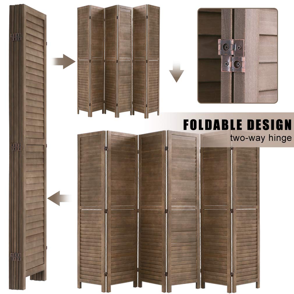 6 Panel Wood Room Divider 5.75 Ft Tall Privacy Wall Divider Folding Wood Screen 68.9" x 15.75" Each Panel for Home Office Bedroom Restaurant （Brown）