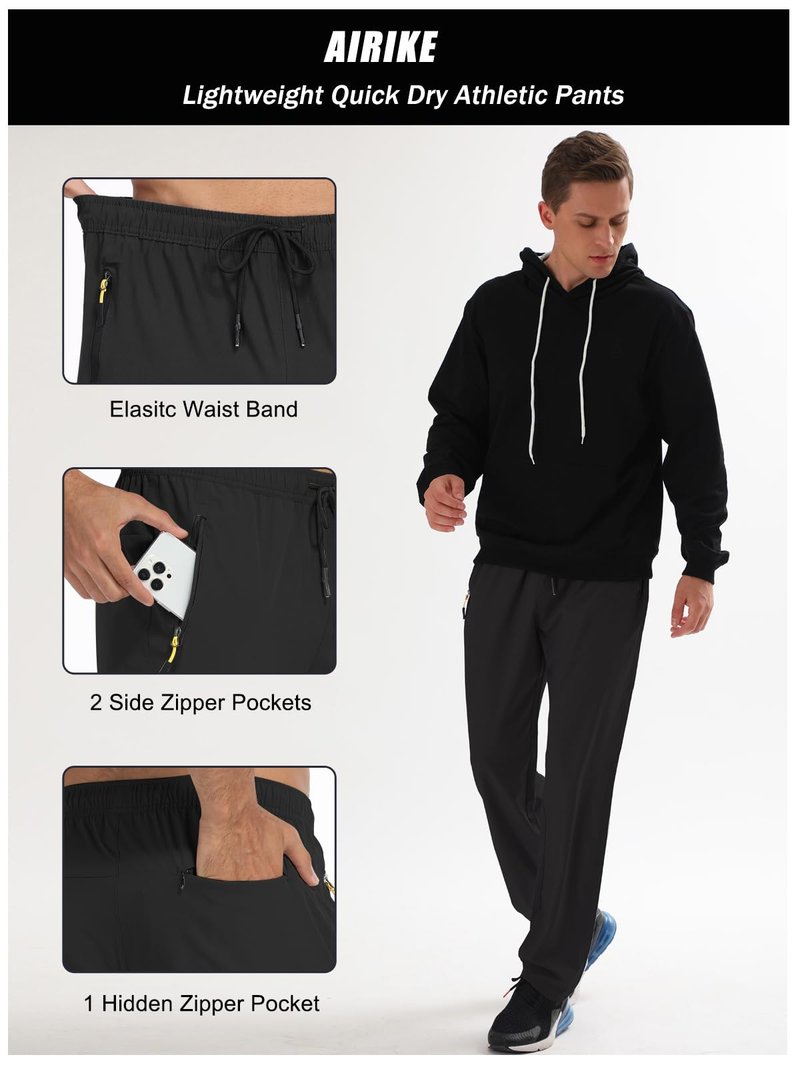 Athletic Pants for Men Water Resistant Quick Dry Lightweight Polyester Workout Warm Up Hiking Sweatpants with Pockets Black