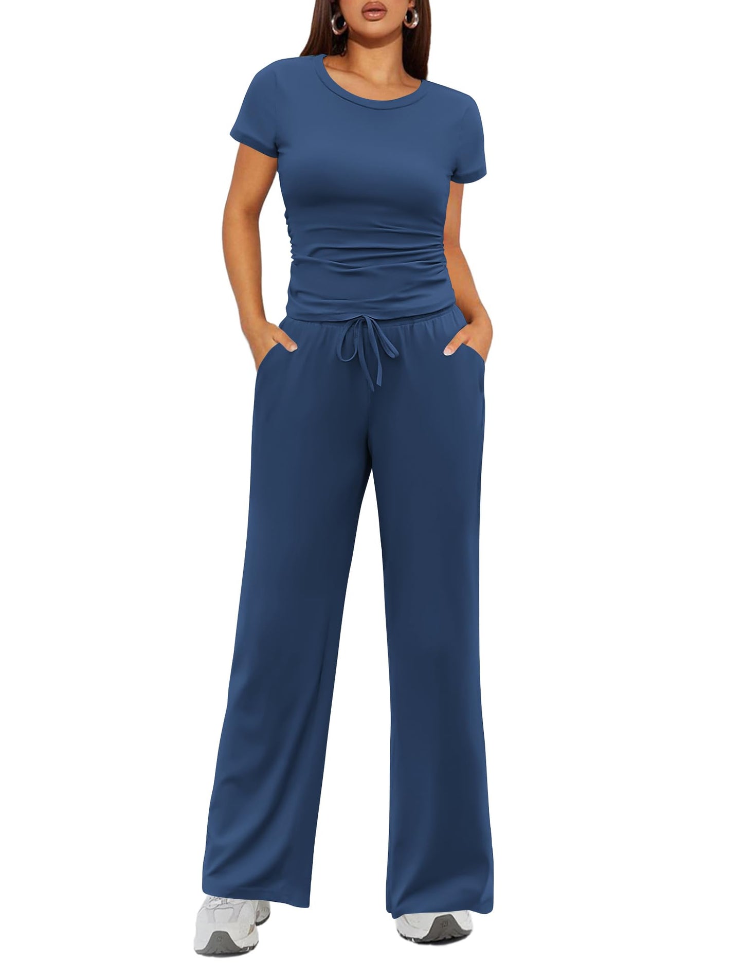 Ekouaer Women's 2 Piece Lounge Sets Ruched Short Sleeve Top and Wide Leg Pants Loungewear Tracksuit Sets with Pockets