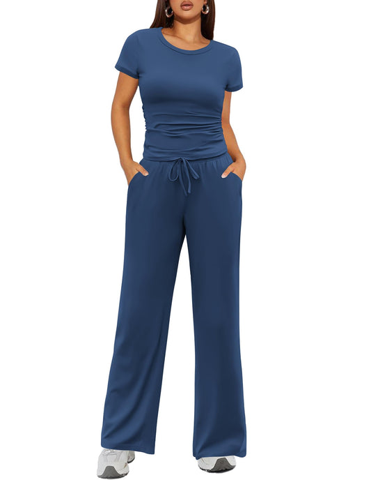 Ekouaer Women's 2 Piece Lounge Sets Ruched Short Sleeve Top and Wide Leg Pants Loungewear Tracksuit Sets with Pockets