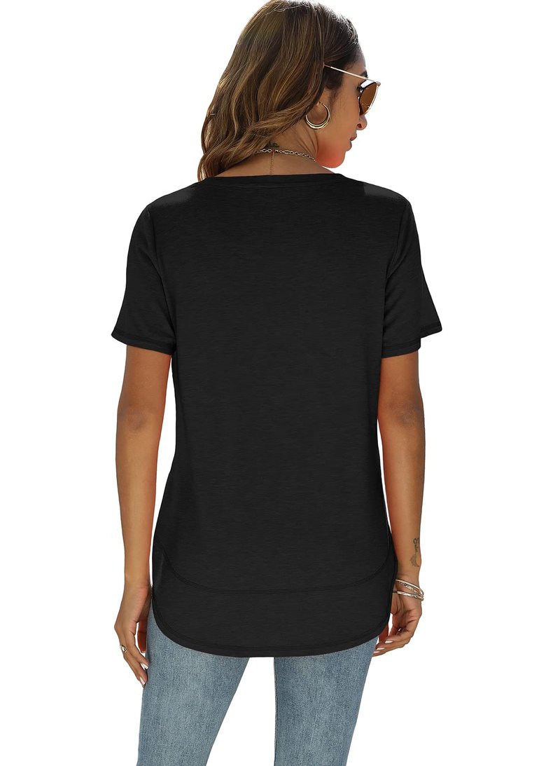 Summer Tops for Women Short Sleeve Fit Shirts Curved Hem Tunic Black L