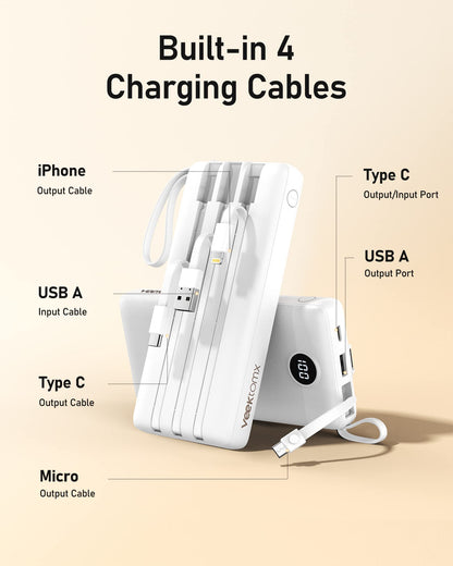 VEEKTOMX Portable Charger Built-in Cables,10000mAh Power Bank for iPhone,Fast Charge USB C Battery Pack Travel Essentials Powerbank Compatible with iPhone 17/16/15/14, Samsung S25/24, Android, etc