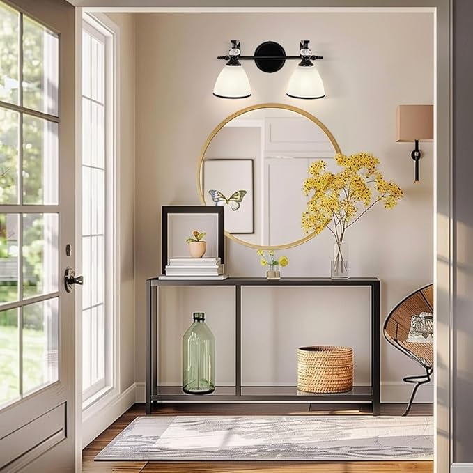 ANDY STAR Bathroom Lighting Fixtures Over Mirror, 2-Light Matte Black Vanity Light with Frosted Glass, Anti-Rust Metal Framed Bathroom Wall Lamp Sconces for Mirror Bedroom, Living Room Hallway