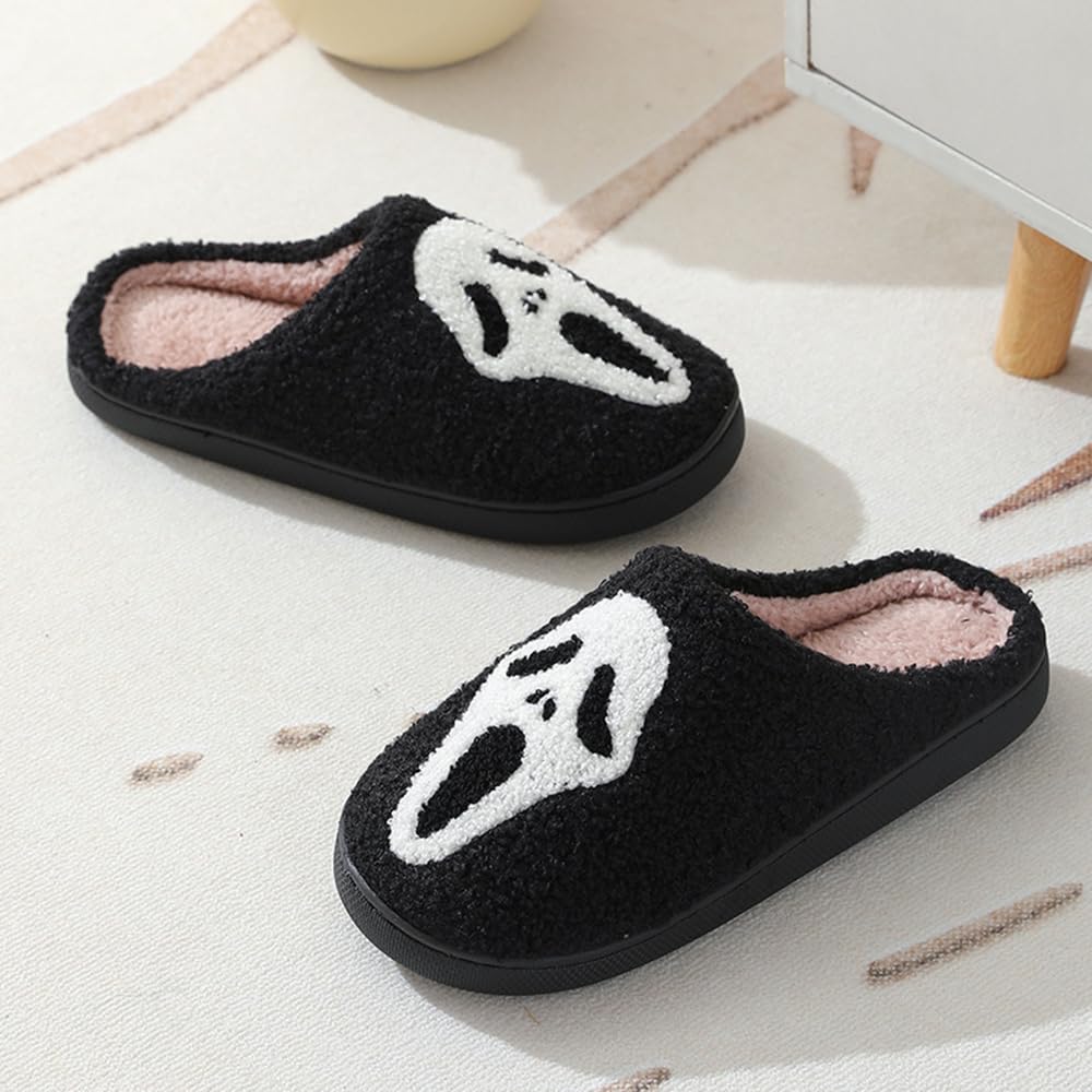 V OPXIN Halloween Slippers for Women Men Pumpkin Spooky Ghost Slippers Cozy Plush Warm Slip-on House Slippers Shoes for Indoor Outdoor Halloween Gifts
