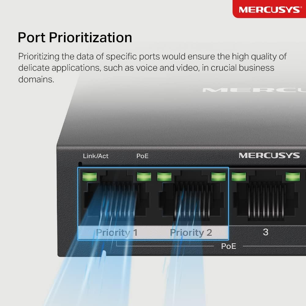 MERCUSYS MS105GP 5 Port Gigabit Network Switch, Ethernet Switch with 4-Port PoE+, 65W Total Budget , Metal Case, Desktop or Wall Mount, TP-Link Silent Operation, Power Saving, Plug & Play