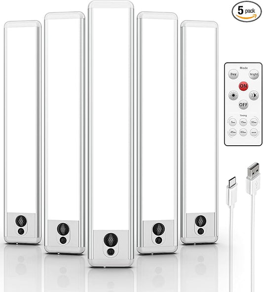 EZVALO Under Cabinet Lights, LED Closet Lights Wireless USB Charging, Motion Sensor Lighting Indoor 5700K Dimmable with Remote Control (White) 5 Pack