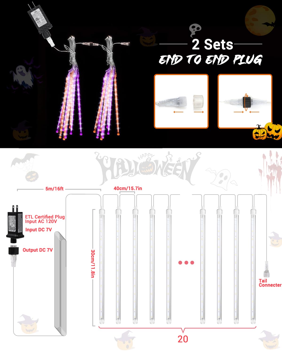 Halloween Lights Outdoor 20 Tubes 480 LED Raindrop Meteor Shower Icicle Lights with Timer Function Cascading Light Falling Rain Light for Halloween Orange Purple