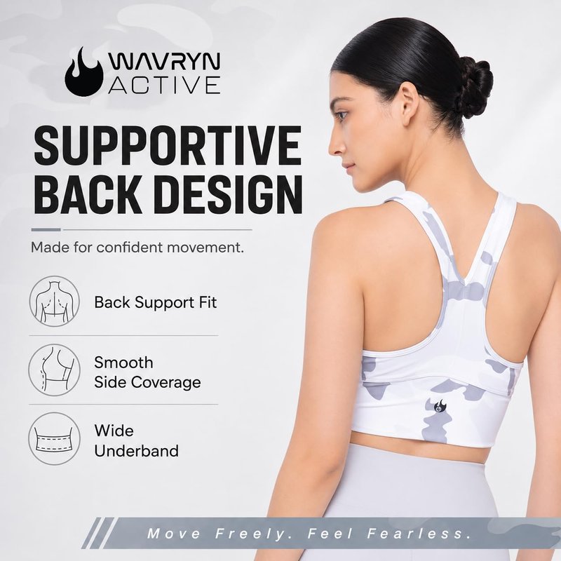 WAVRYN ACTIVE Women's Camo Sports Bra Top Medium Support Cross-Back Workout Bra for Gym, Yoga, Fitness - M, Grey-White