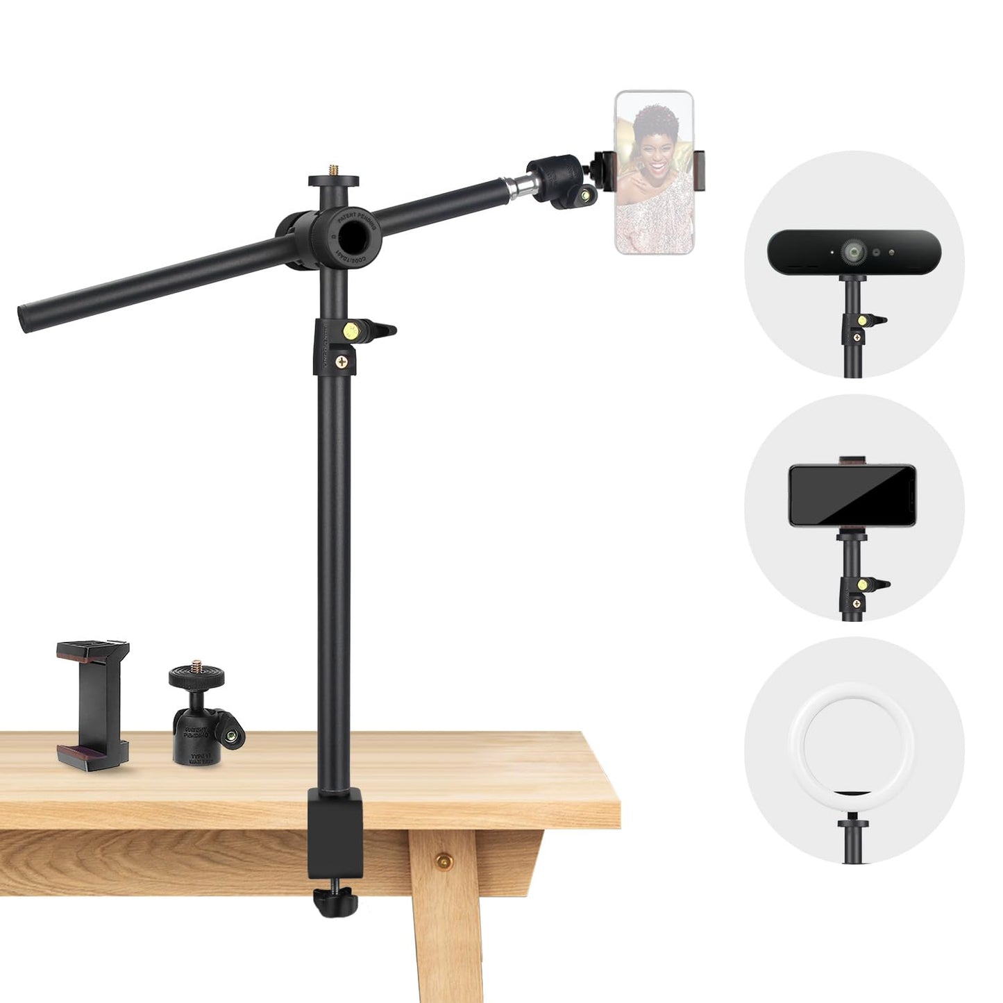 Overhead Camera Mount Desk Stand, Camera Arm Desk Mount Clamp Stand with 360°Adjustable Magic Arm, Webcam Arm Mount Stand w Ballhead Phone Mount for Desk Logitech Microphone Video Light Cell Phone