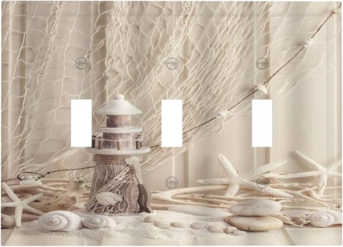 Nautical Coastal 3 Gang Light Switch Covers Seashell Fishing Net Ocean Lighthouse Starfish Triple Toggle Wall Plate Decorative Switchplate Electrical Faceplate Beach Theme Decor