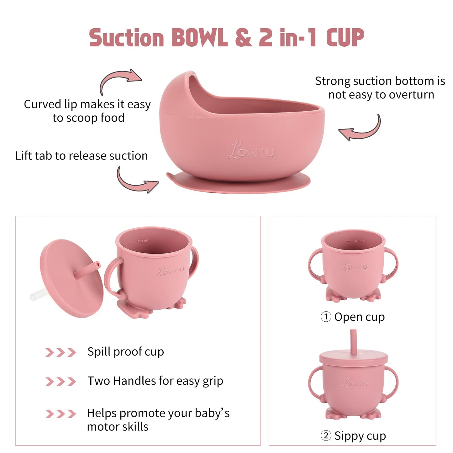 Losecu Silicone Feeding Set|Baby Led Weaning Supplies|Suction Plate Bowl Set with Bib, Spoon, Fork, Sippy Cup|Feeding Eating Supplies BPA Free