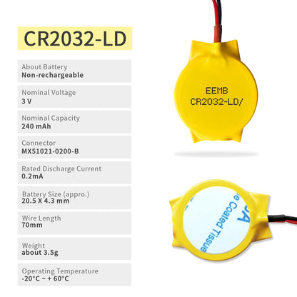 EEMB 10-Pack CMOS Battery CR2032 3V Lithium Battery with 2 Pin 2 Wire Cable and MOLEX Connector CMOS Replacement for Alienware M11 Dell E6520 Thinkpad T40 Motherboards