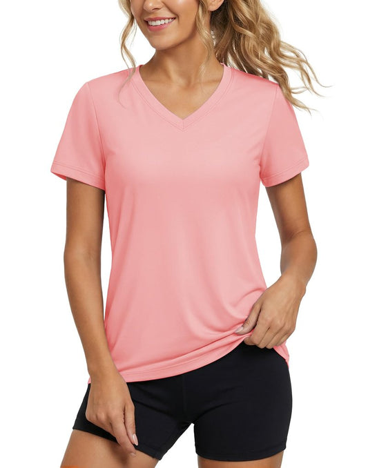 MAGCOMSEN Short Sleeve Workout Tops for Women V Neck T Shirts UPF Summer Tees Breathable Gym Hiking Yoga Tops, Pink, L