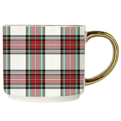 Sweet Water Decor White Plaid Coffee Mug, 14oz China Christmas Mug with Gold Handle, Large Holiday Winter Cup for Coffee, Tea & Hot Chocolate, Stocking Stuffer Gifts for Women