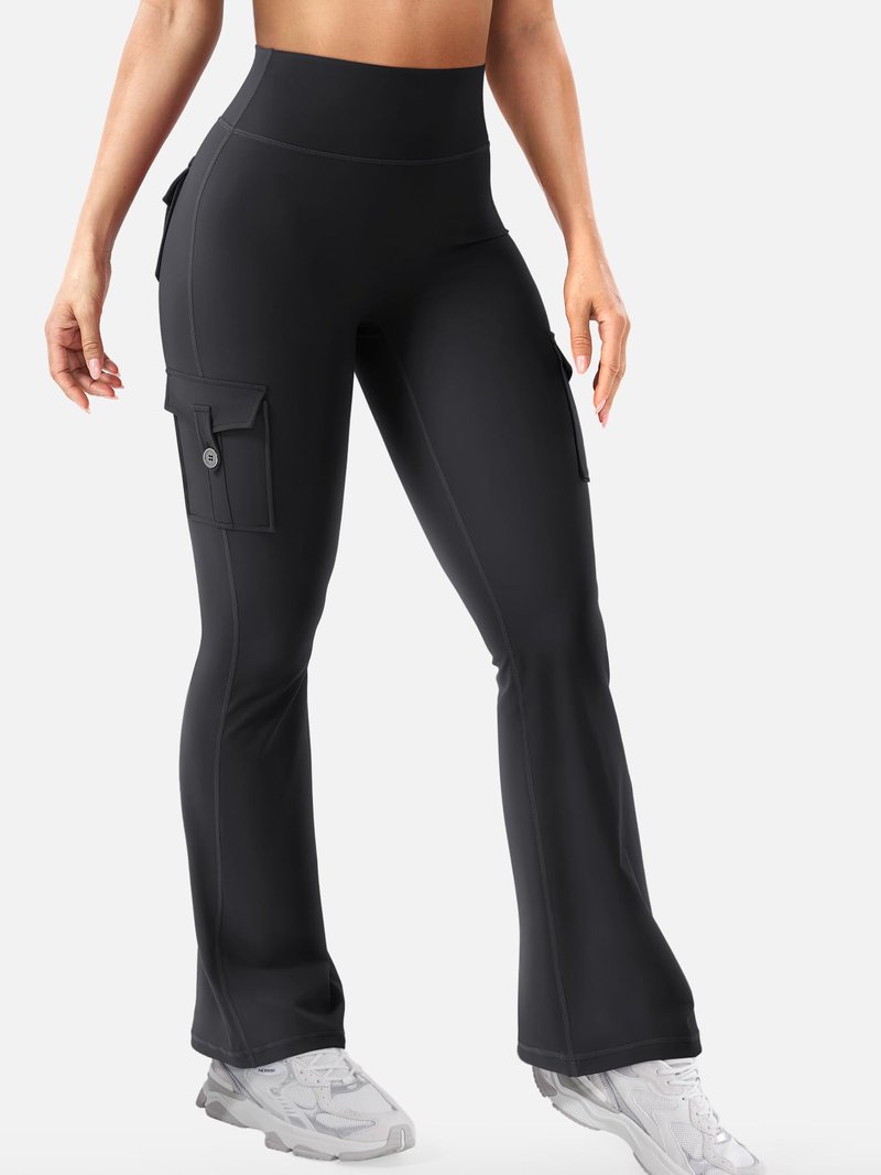YEOREO CoreFlex Women Workout Flare Leggings with Pockets Scrunch Cargo Gym Yoga Leggings Black XXL