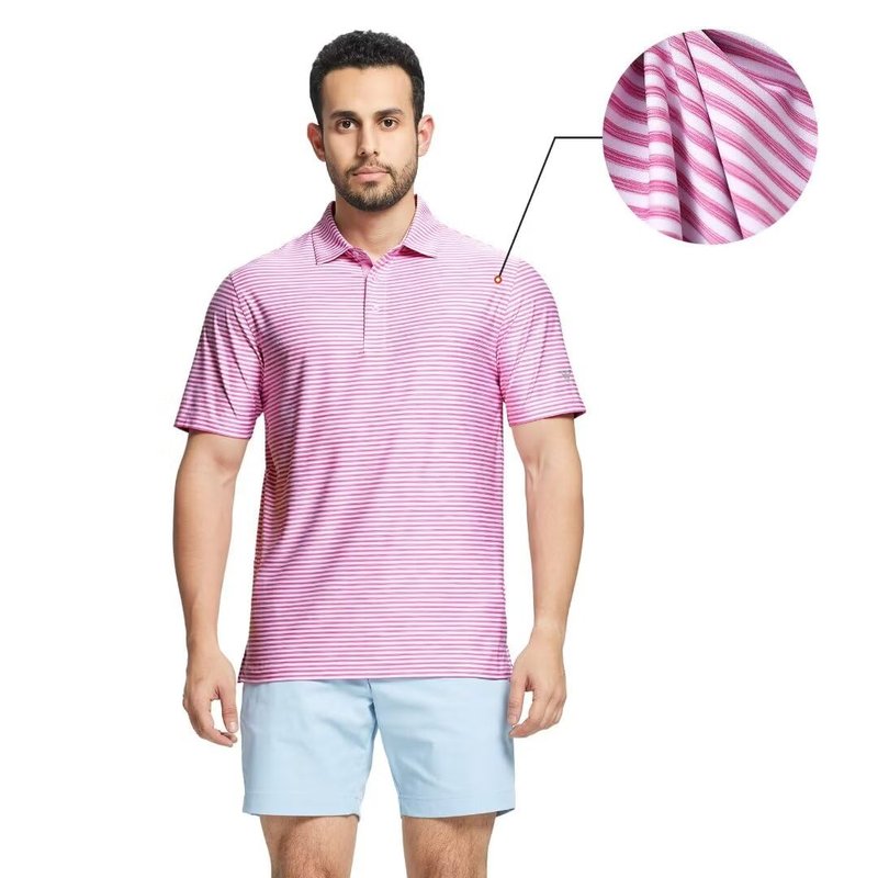 M MAELREG Mens Golf Shirt Short Sleeve Dry Fit Striped Casual Moisture Wicking Collared Golf Polo Shirts for Men Rose White
