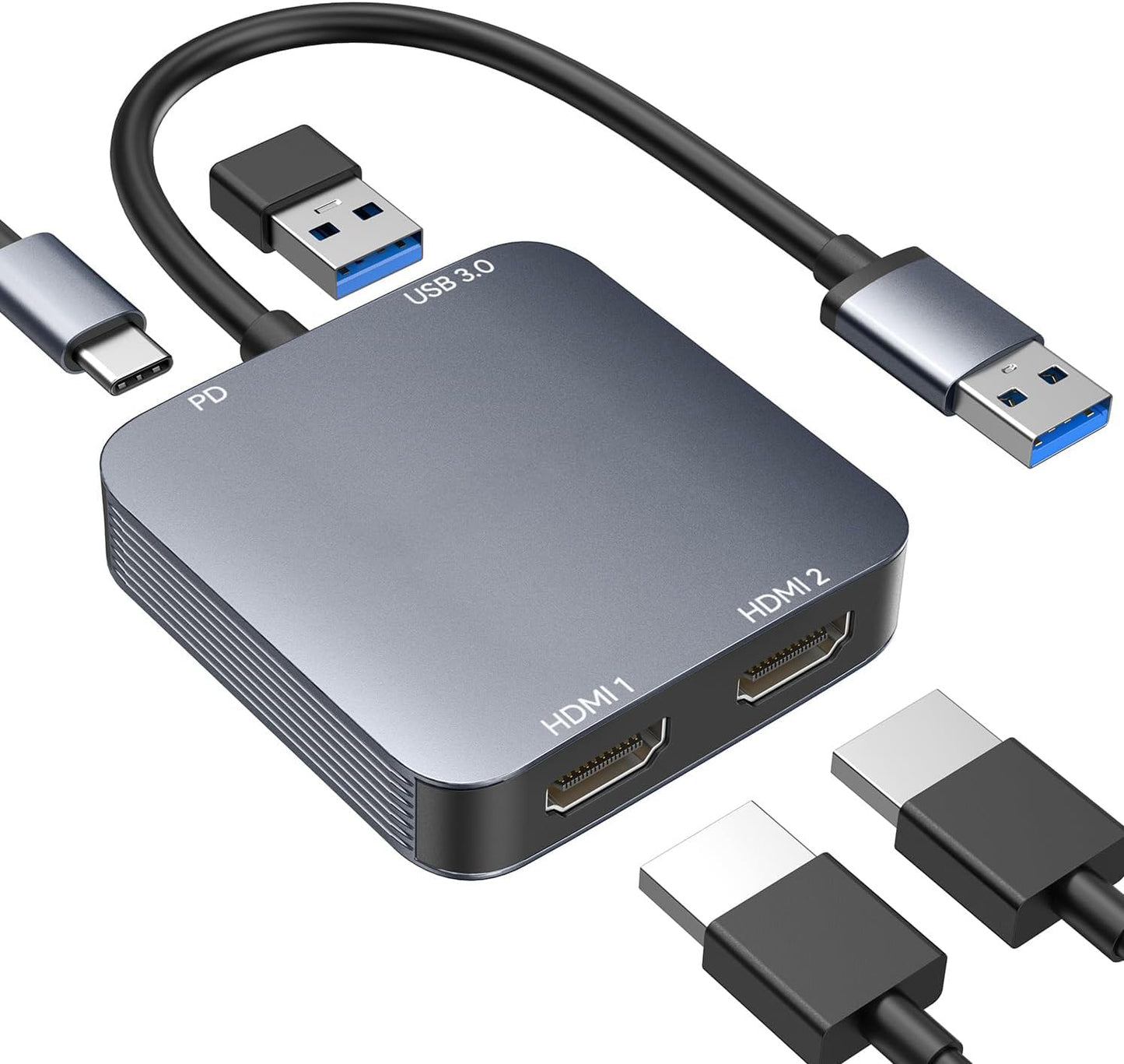 ABLEWE USB 3.0 to Dual HDMI Adapter with USB 3.0 Port, HDMI to USB Audio Video Graphics Converter Cable for Laptop Monitor Desktop TV, Compatible with Mac OS, Windows
