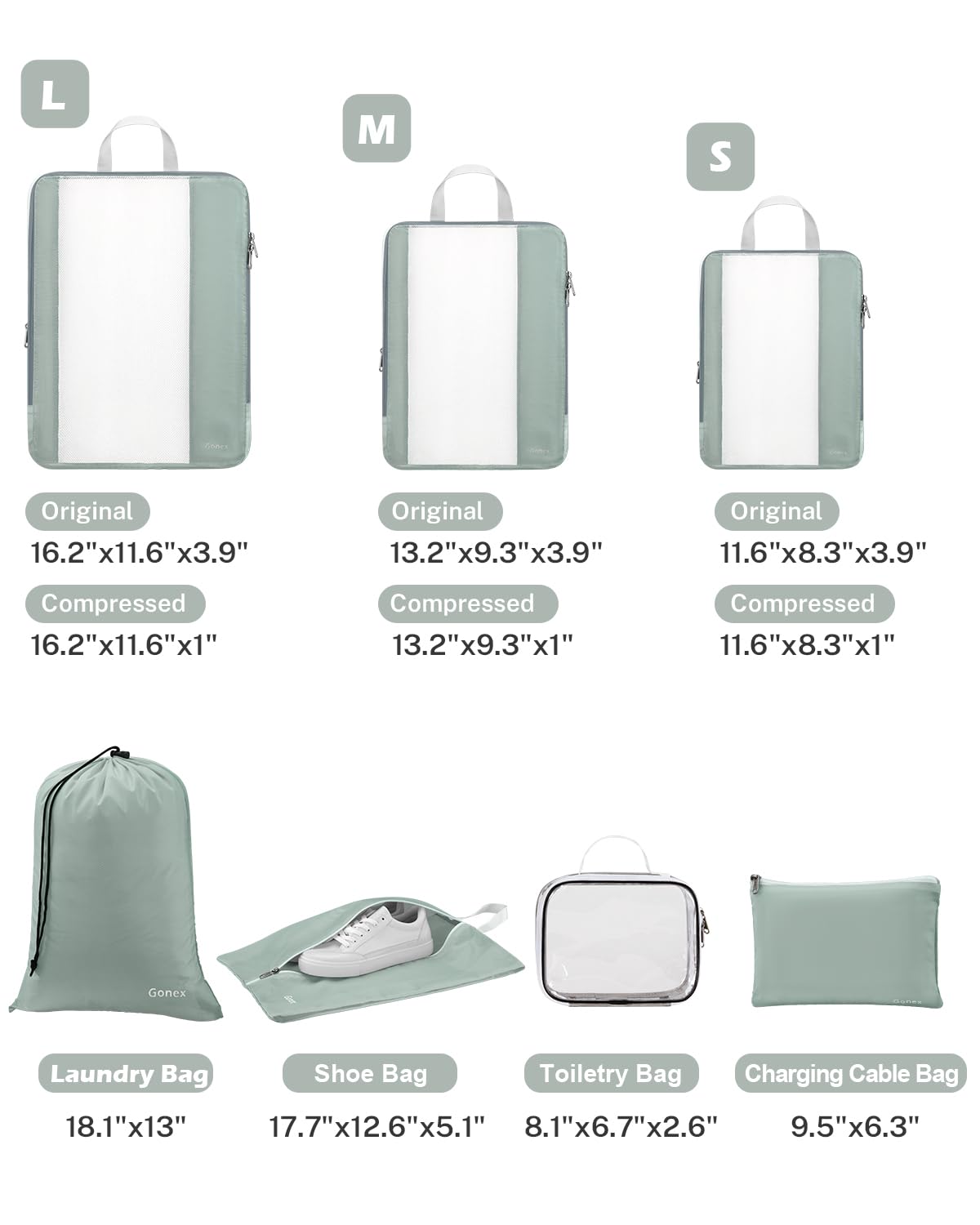 Gonex 8 Set Compression Packing Cubes for Travel Essentials, Expandable Mesh Organizer with Toiletry, Laundry, Shoe, Cable Bags for Suitcases, Gray