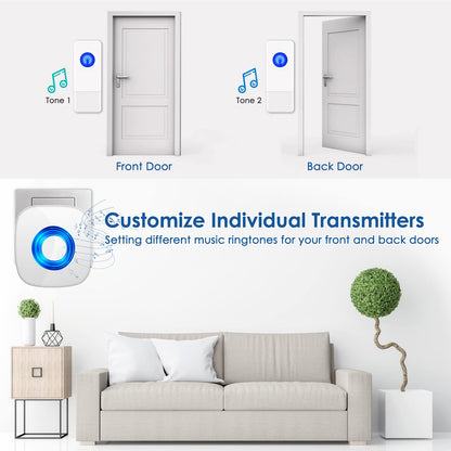 Wireless Doorbell, PHYSEN Waterproof Door bell Chime Kit Operating at 1300-ft Range 58 Adjustable Melodies 5 Volume Levels & LED Flash, Doorbell Alarm for Home/Classroom, 2 Push Buttons+4 Receivers