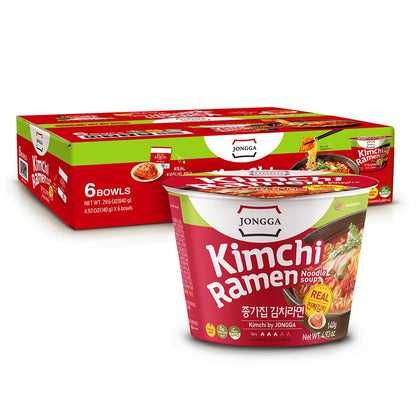 JONGGA Kimchi Ramen with Real Kimchi 4.9 oz Pack of 6, Korean Instant Hot and Spicy Noodle Soup, Authentic Savory Ramen Bowl, Quick and Convenient