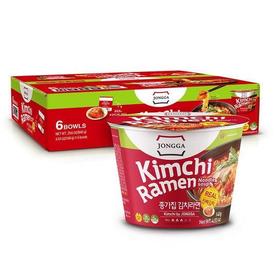 JONGGA Kimchi Ramen with Real Kimchi 4.9 oz Pack of 6, Korean Instant Hot and Spicy Noodle Soup, Authentic Savory Ramen Bowl, Quick and Convenient