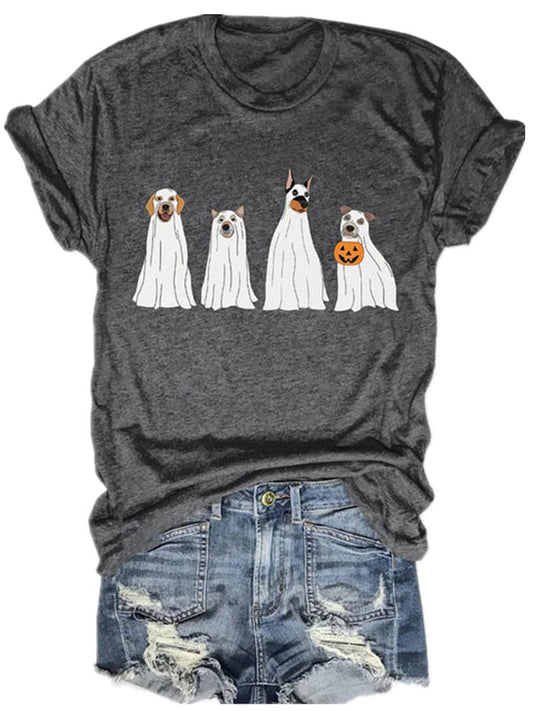 Halloween Pumpkin Shirts Women Fall T-Shirts Cute Autumn Graphic Tees Thanksgiving Tops(A-Dog/Grey,L)