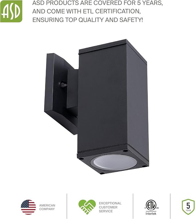 ASD 1 Light Square Dusk to Dawn Outdoor Wall Light Fixture | 60W E26 Socket 120V ETL Cylinder Up Down Lights | LED/CFL/Incandescent Bulb Exterior Wall Sconce | Front Door, Porch, Patio | Black, 6 Pack