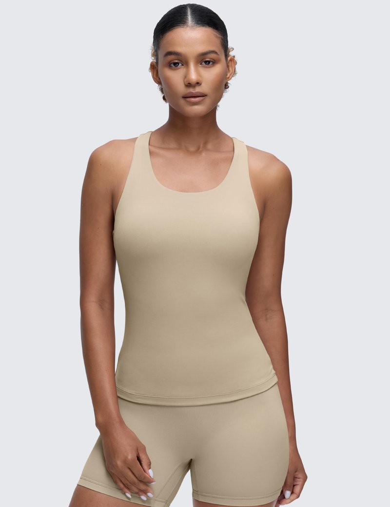 CRZ YOGA Butterluxe Workout Racerback Tank Tops for Women - Padded Athletic Spandex Yoga Shirts with Built in Bra Oak XX-Small