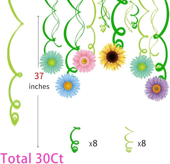 30Ct Summer Spring Sun Flower Hanging Swirl Decorations,Themed Birthday Party,Party Supplies,Ceiling Decorations for Girls,Boys,Kids, Bedroom,Classroom,Baby Shower