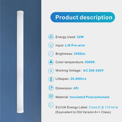 4Ft LED Batten Light, 3550LM 32W 6500K LED Tube Light, 2-Pack Slim Profile Dust-Proof Integrated Housing, Flexible Surface Mounted Linear Ceiling Garage Light, Indoor Use