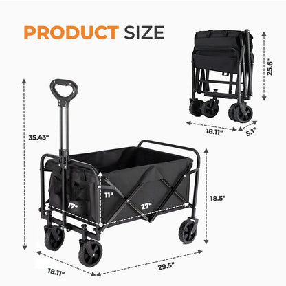Collapsible Wagon 220 lbs, Heavy Duty Wagon Carts Foldable, Portable Wagons for Groceries, Beach Cart with All-Terrain Wheels & Drink Holders, Utility Wagon for Shopping, Sports, Camping, Black