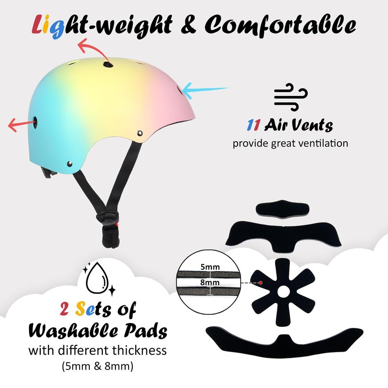 Kids Bike Helmet, Adjustable and Multi-Sport, from Toddler to Youth, 3 Sizes (Pink Yellow Blue)