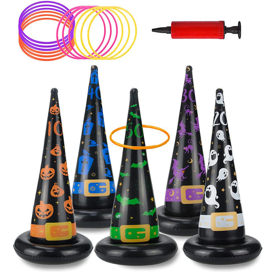 Halloween Party Toys Games, Inflatable Witch Hat Ring Toss Game with Points, Plastic Ring Toss, Air Pump Halloween Carnival Indoor Outdoor Game Garden Toys for Kids Adults Family Games Supplies