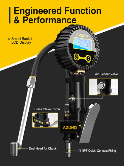 AZUNO Digital Tire Inflator with Pressure Gauge, 200 PSI, Heavy Duty Air Compressor Accessories, Comes with a Portable Carrying Box