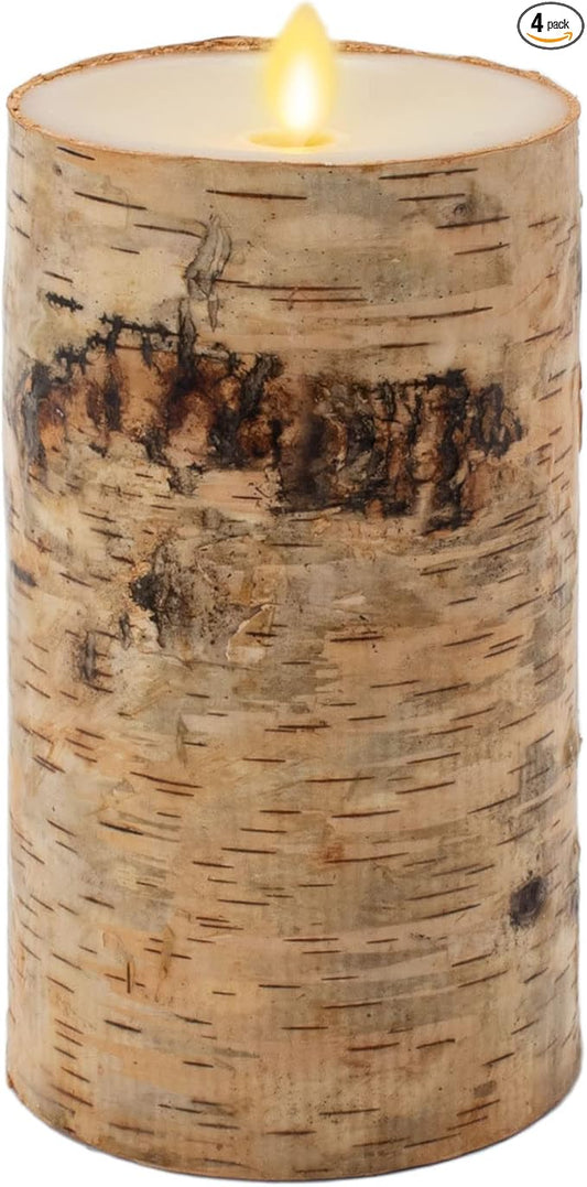 Luminara Realistic Artificial Flame Pillar Candle Wrapped with Real Birch Bark - Moving Flame LED Battery Operated Lights - Unscented - Remote Ready - Remote Sold Separately - 4.0" x 7.0"