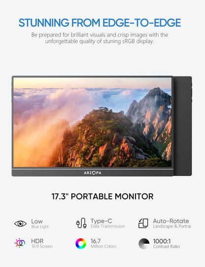 ARZOPA 17.3" Portable Monitor, 1080P FHD 103% sRGB IPS Gaming Monitor Laptop Monitor with Built-in Kickstand HDMI USB C External Screen for PC Mac Phone Xbox PS5 - A1M