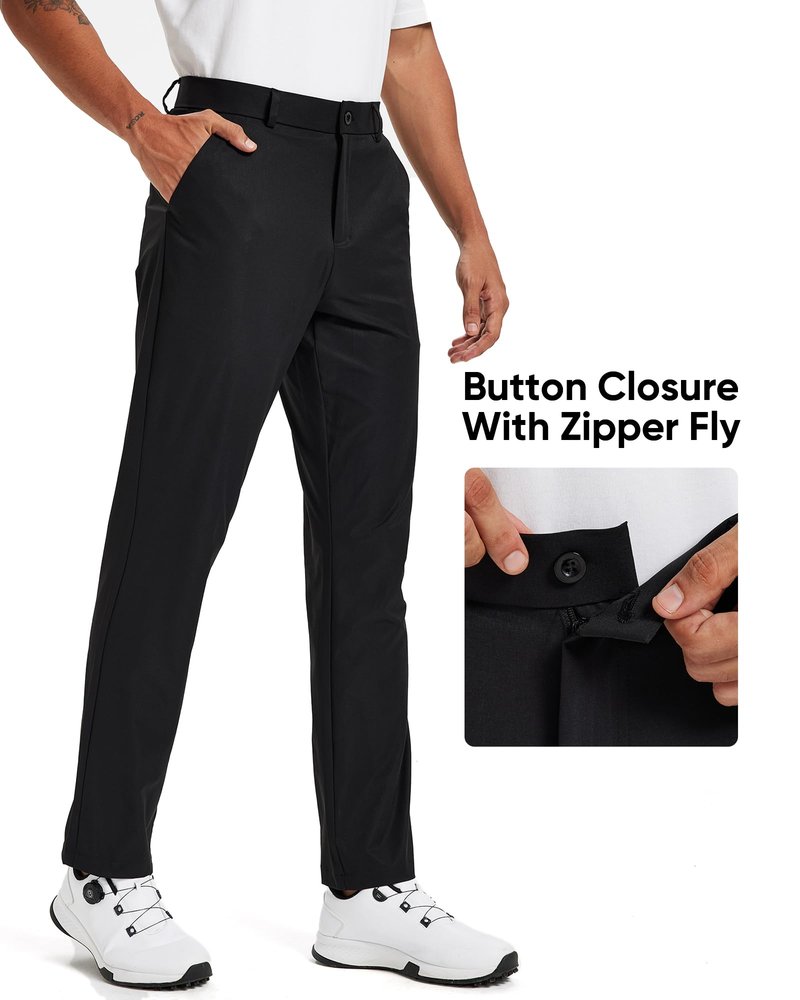 Vytroon Mens Golf Pants All-Day Stretch Chinos 30"/32"/34" Water-Resistant Quick Dry Lightweight Work Dress Trousers with 4 Pockets for Business Casual Travel, Black, 32W x 30L
