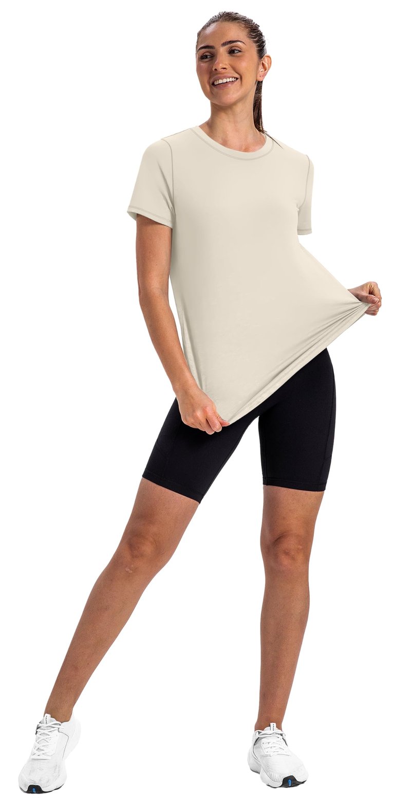 NIASHOT Summer Workout Tops for Women Womens Dry Fit T Shirts Short Sleeve Basic Fitness Clothing Womens Athletic Yoga Tops Pilates Outfits Gym Running Shirts Rash Guard Ivory L