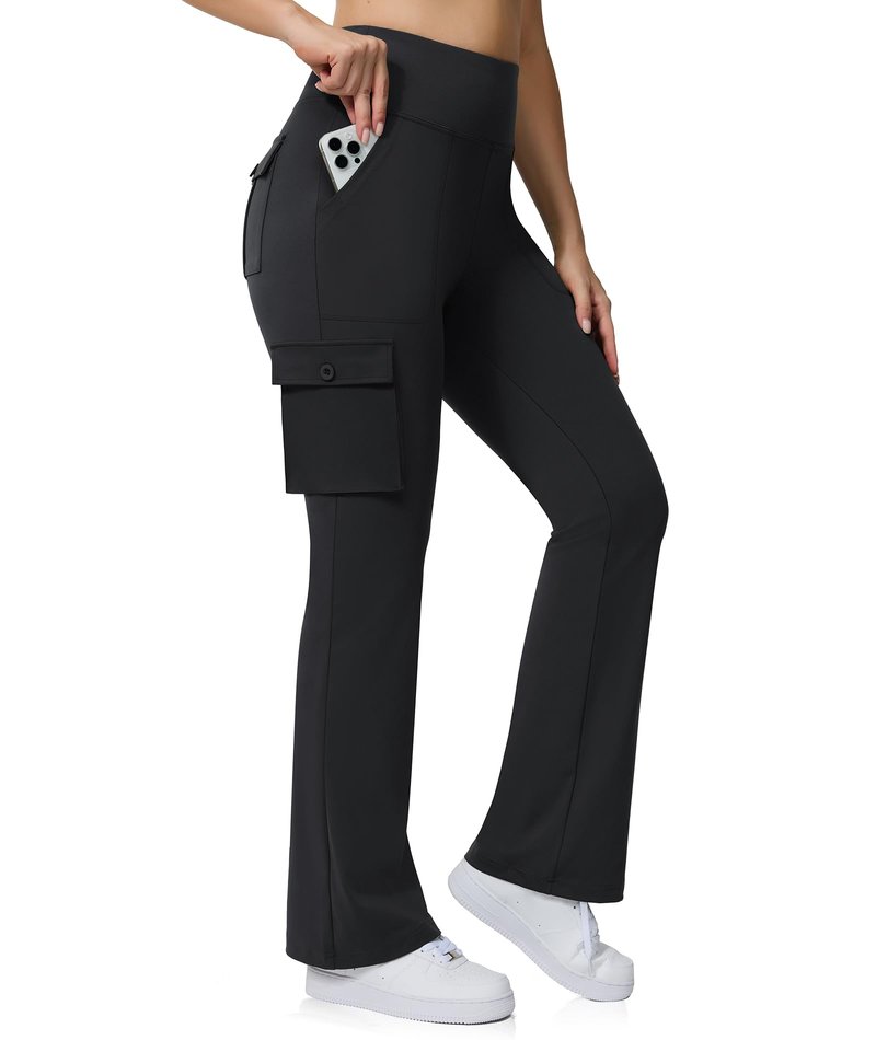Yoga Flare Leggings for Women High Waisted Yoga Casual Pants Workout Leggings Cargo with 6 Pockets Bootcut Pants,Black XL