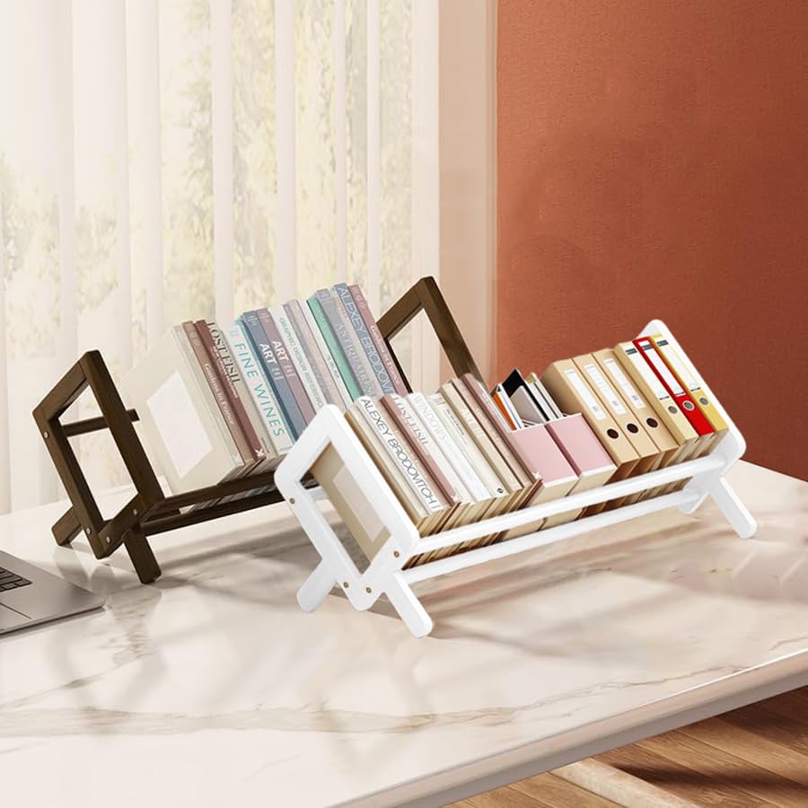 Fox Claw Wood Tilting Bookcase in Living Room/Home/Office, Desktop Book Shelf Organizer Bookshelves Storage Rack for CDs/Magazine/Books Display (White, 16"-L)