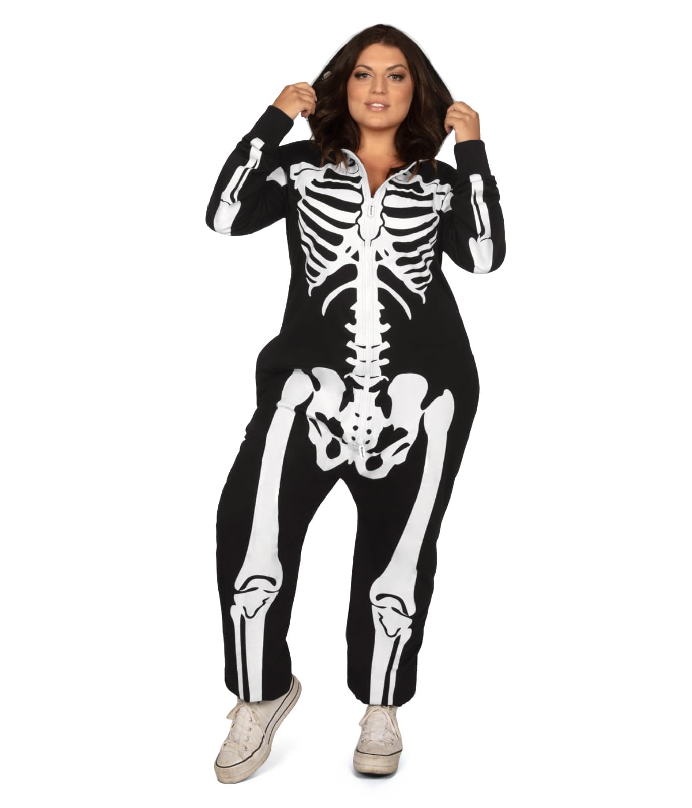 Tipsy Elves Halloween Skeleton Costume for Women - Comfy Easy Adult Onesie Jumpsuit - Front and Back Print with Zip Up Mask - Women's White Skeleton Jumpsuit Halloween Costume Size Medium
