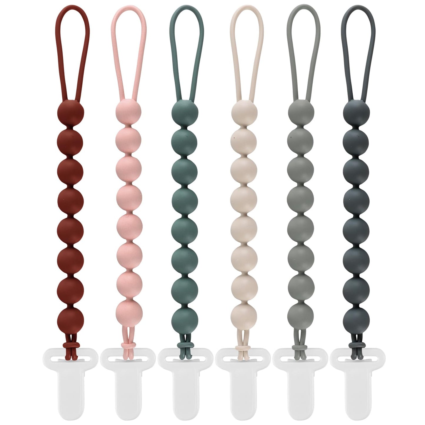 6-Pack Silicone Pacifier Clips for Babies, Safe Teething Beads, Rust-Free Holders, Baby Boy and Girl Essentials, Newborn Must-Have Accessories, BPA-Free