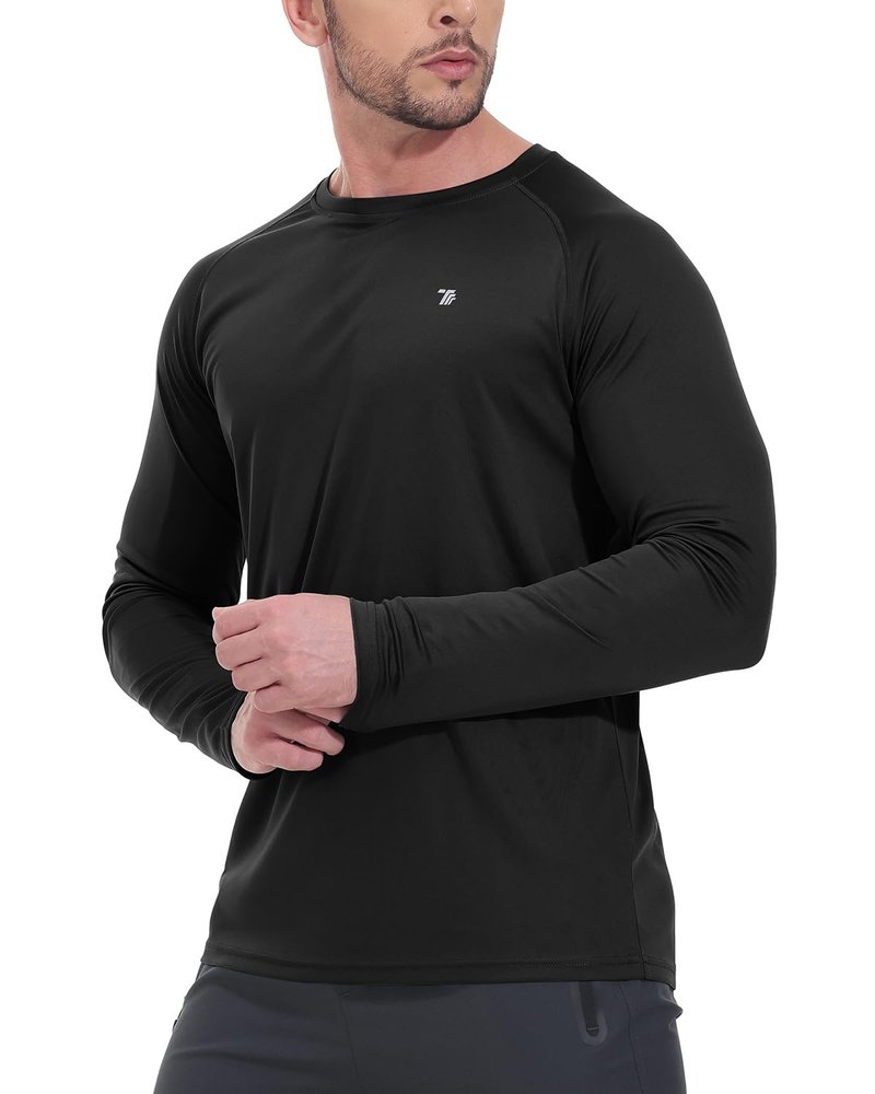 TBMPOY Men's Hiking Shirts Waterproof Dry Fit Athletic T-Shirts SPF Long Sleeve Safari Shirts Outdoor Work Swim Fishing Tops Black L