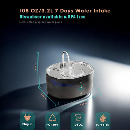 Furrcali Cat Water Fountain 108oz/3.2L, Stainless Steel Lid & Transparent PC Tank, BPA-Free, Pet Water Dispenser for Cats & Dogs, Automatic Cat Fountain with 5 Replacement Filters, Ultra Quiet Pump