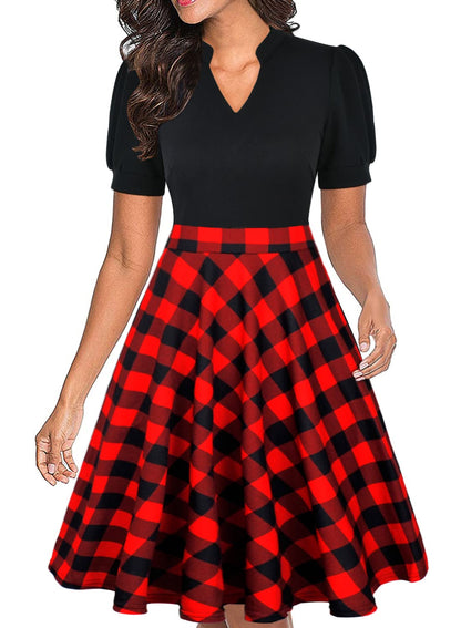 Mokayee Christmas Dresses for Women Buffalo Plaid Holiday Short Puff Sleeve Casual Semi-Formal Fit and Flare Modest Business Work Dresses L