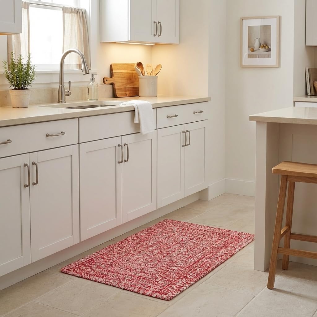 Super Area Rugs Farmhouse Braided Rug Cotton Kitchen Reversible Carpet, Red & White, 2' X 3' Rectangle