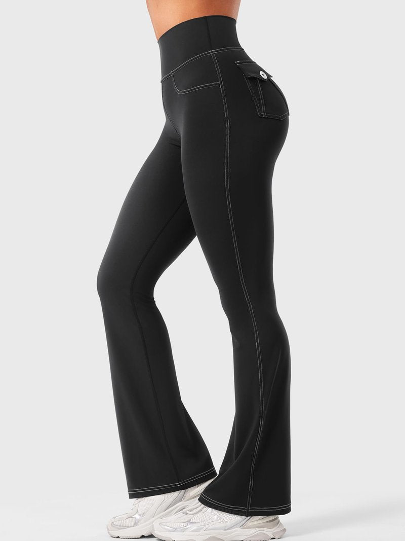 YEOREO CoreFlex Women Workout Mini Flare Leggings with Pockets Hidden Scrunch High Waisted Cargo Gym Casual Denim-Look Yoga Pants Black L